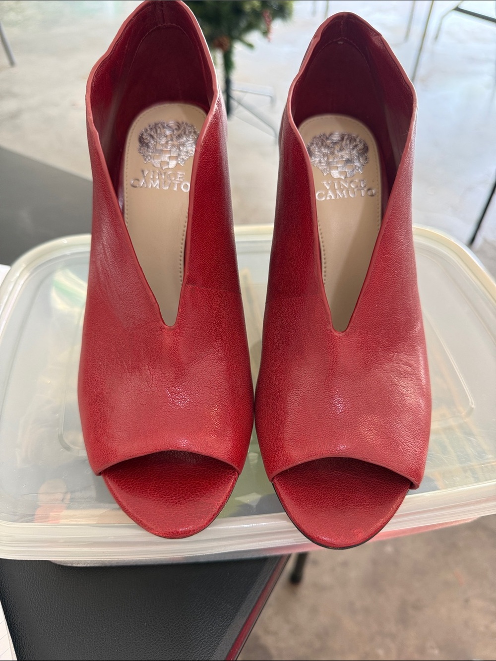 Vince Camuto Red Leather Peep-Toe Mule Heels